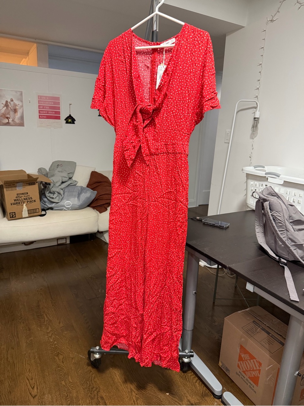 NWT Mango Red Polka Dot Tie-Front Maxi Dress